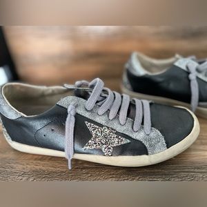 COPY - SHU SHOP black and grey leather star sneaks with glitter detail.
